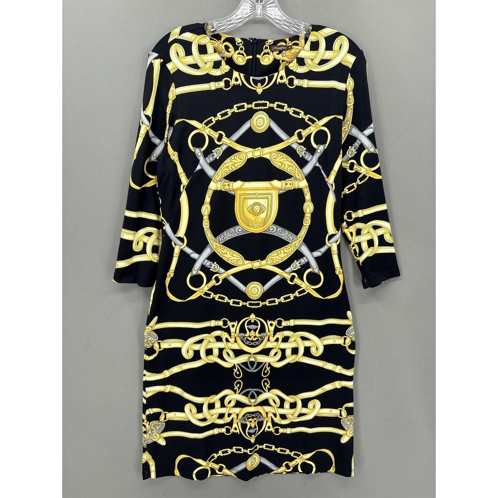 J McLaughlin Dress Medium Black Equestrian Chain‎ Horse Shift Stretch Sophia